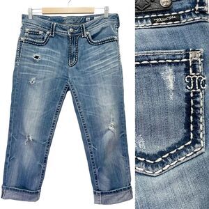 Miss Me Distressed Boyfriend Cropped Jeans Whiskered Medium Wash Women’s Size 28